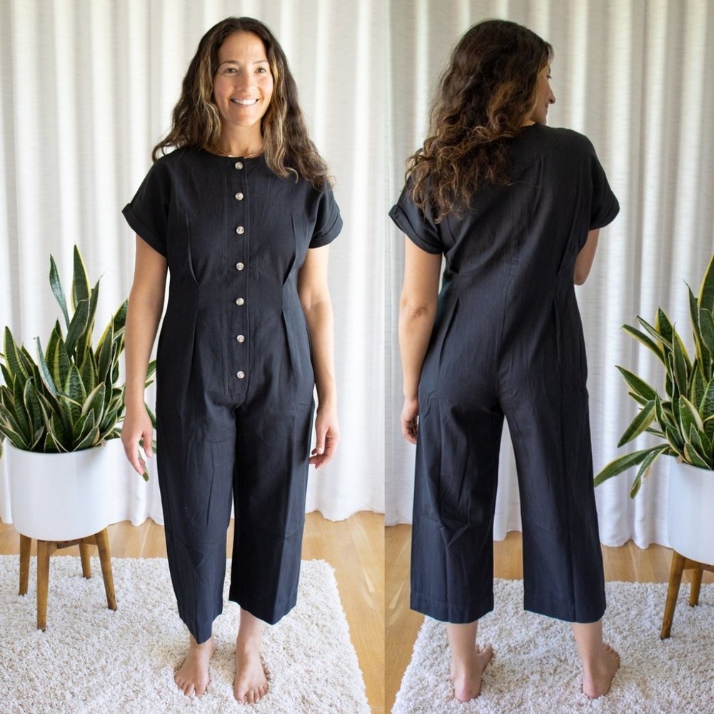 Micaela Greg Jumpsuit Black Cotton Button Front Wide Leg Jumpsuit Size M